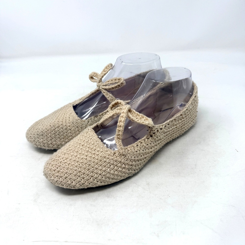 Zara Crochet Ballet Flats Tan 39 Boho Cottagecore Knit Bow Slip On Shoes